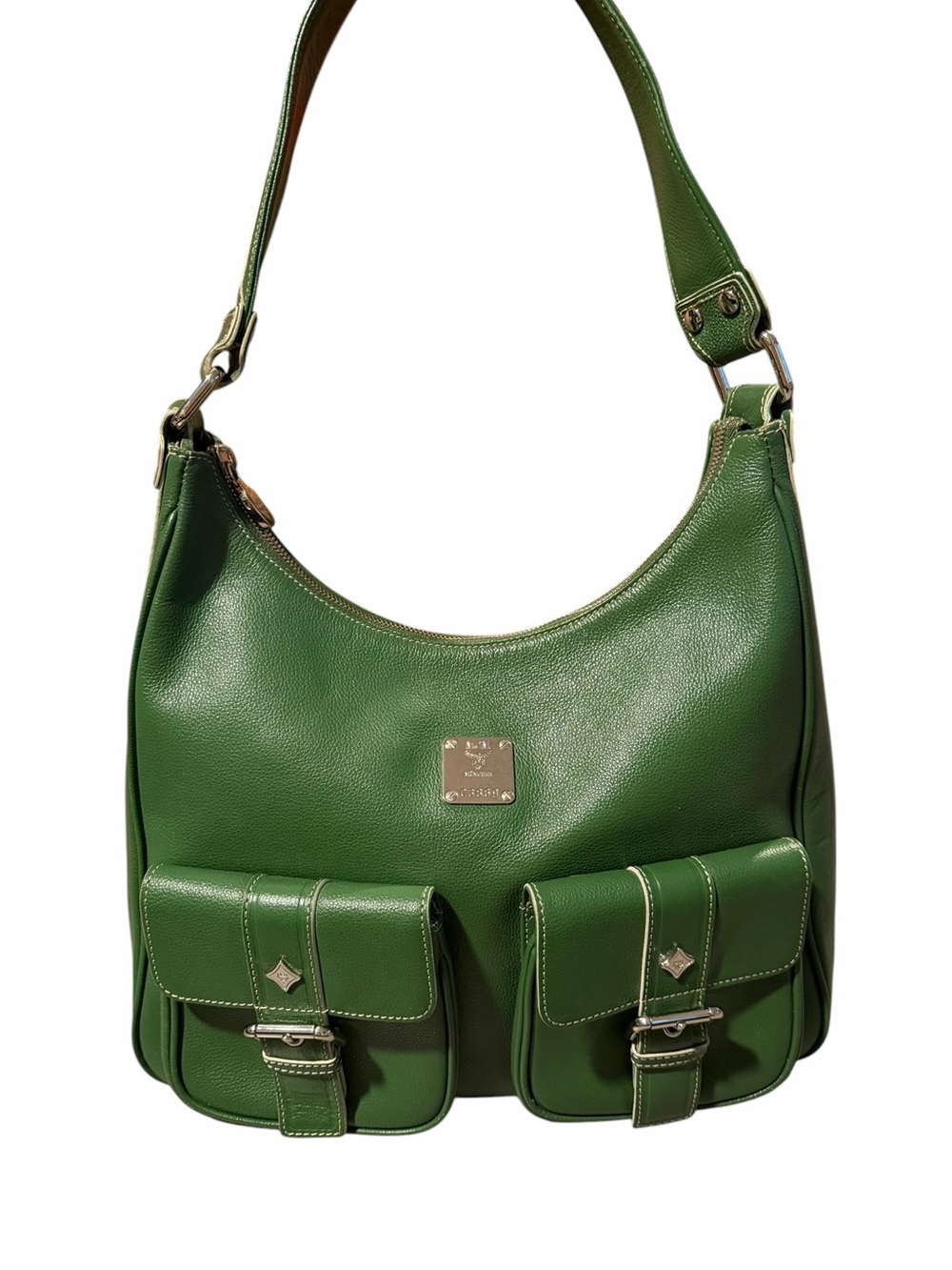 MCM Green Leather Hobo Shoulder Bag W/ Dual Front Pockets